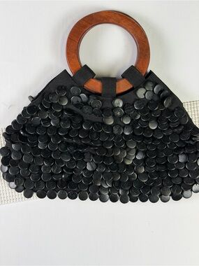 Vintage Wood Handle Black Flapper Style Wood Bead Eclectic and Fun Handbag